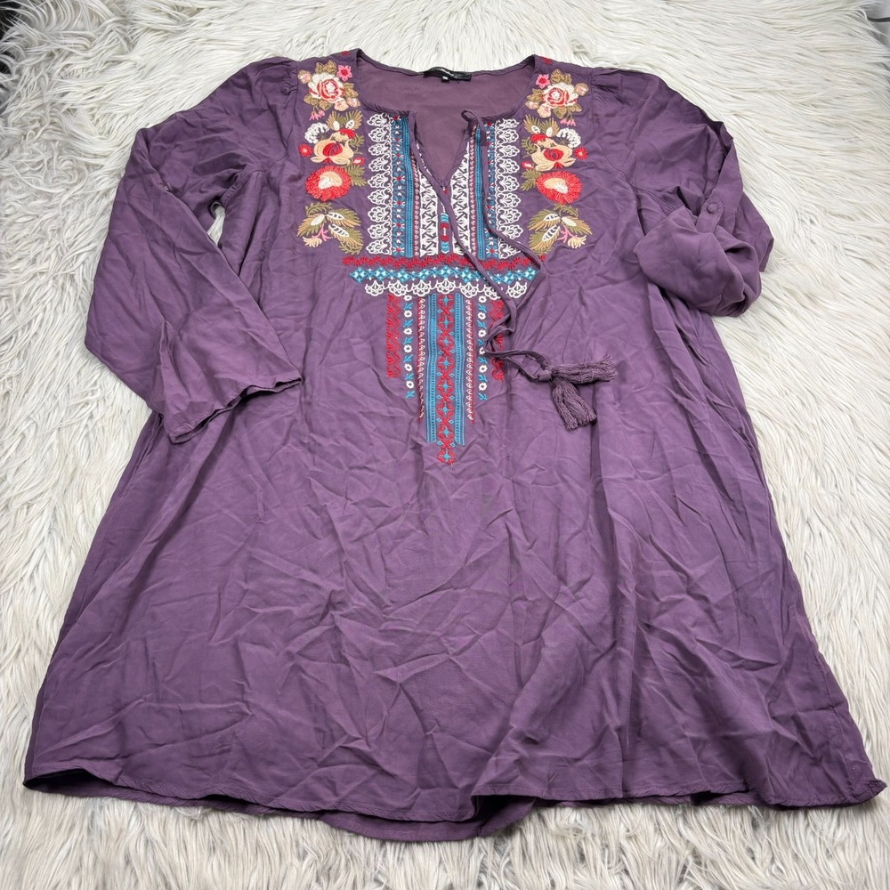 Andre by Unit Women's M Purple Floral Embroidered‎ Shift Dress Boho Festival